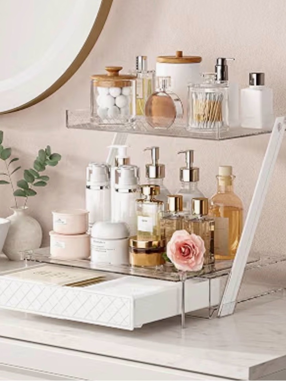 Amazon Clear Acrylic 2-Tier Makeup Organizer with Gold Accents